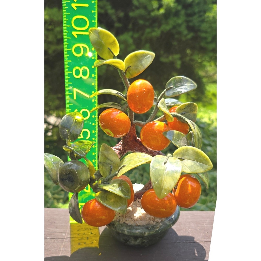 Vintage Chinese Glass Jade Agate Orange Persimmon Bonsai Tree Carved Pot - Picture 9 of 9